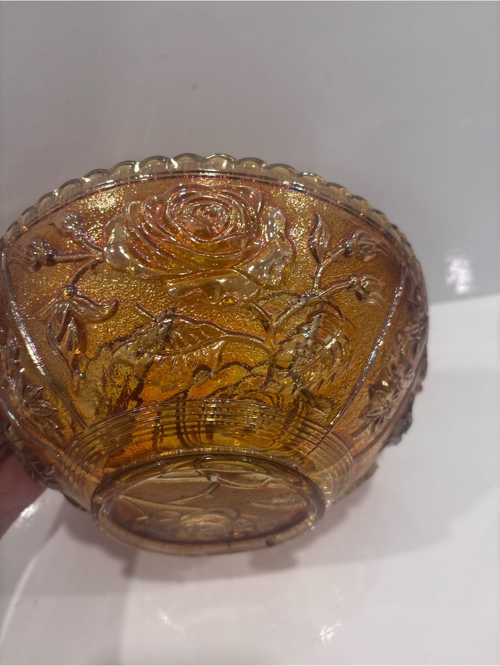 Vintage amber marigold carnival glass rose pattern serving bowl 8” iridescent - Picture 8 of 11